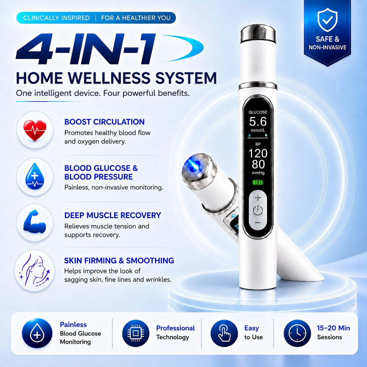 👑 Complete 4-in-1 Edition : Needle-free glucose & blood pressure · circulation · deep muscle recovery · skin firming